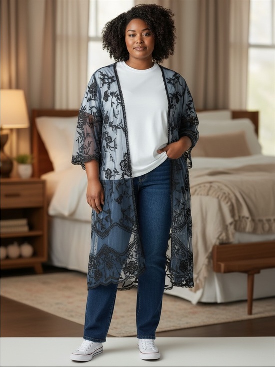 Sweaters - Sheer Lace Kimono Duster in Black and Slate